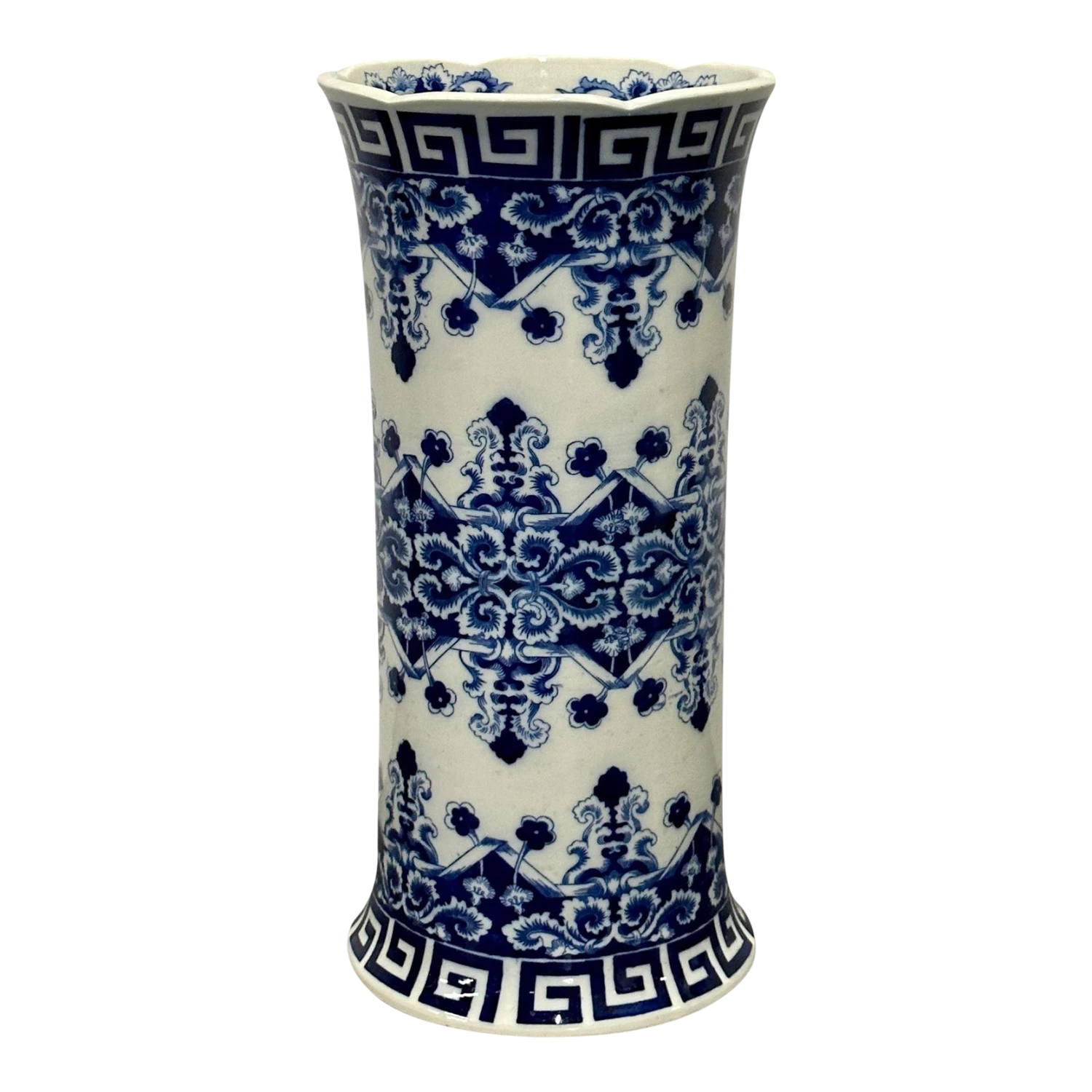 Oriental Porcelain Flow Blue White Umbrella Stand, Large Vase, Floral Decorated 1 Oriental Porcelain Flow Blue White Umbrella Stand, Large Vase, Floral Decorated