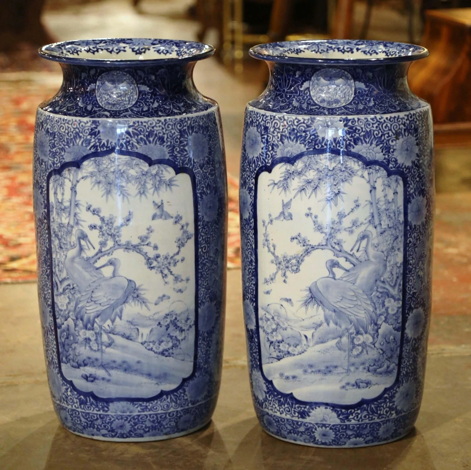 Pair Of Vintage Hand Painted Blue And White Porcelain Vases Umbrella Stands 8 Pair Of Vintage Hand Painted Blue And White Porcelain Vases Umbrella Stands - Image 8
