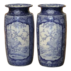 Pair Of Vintage Hand Painted Blue And White Porcelain Vases Umbrella Stands