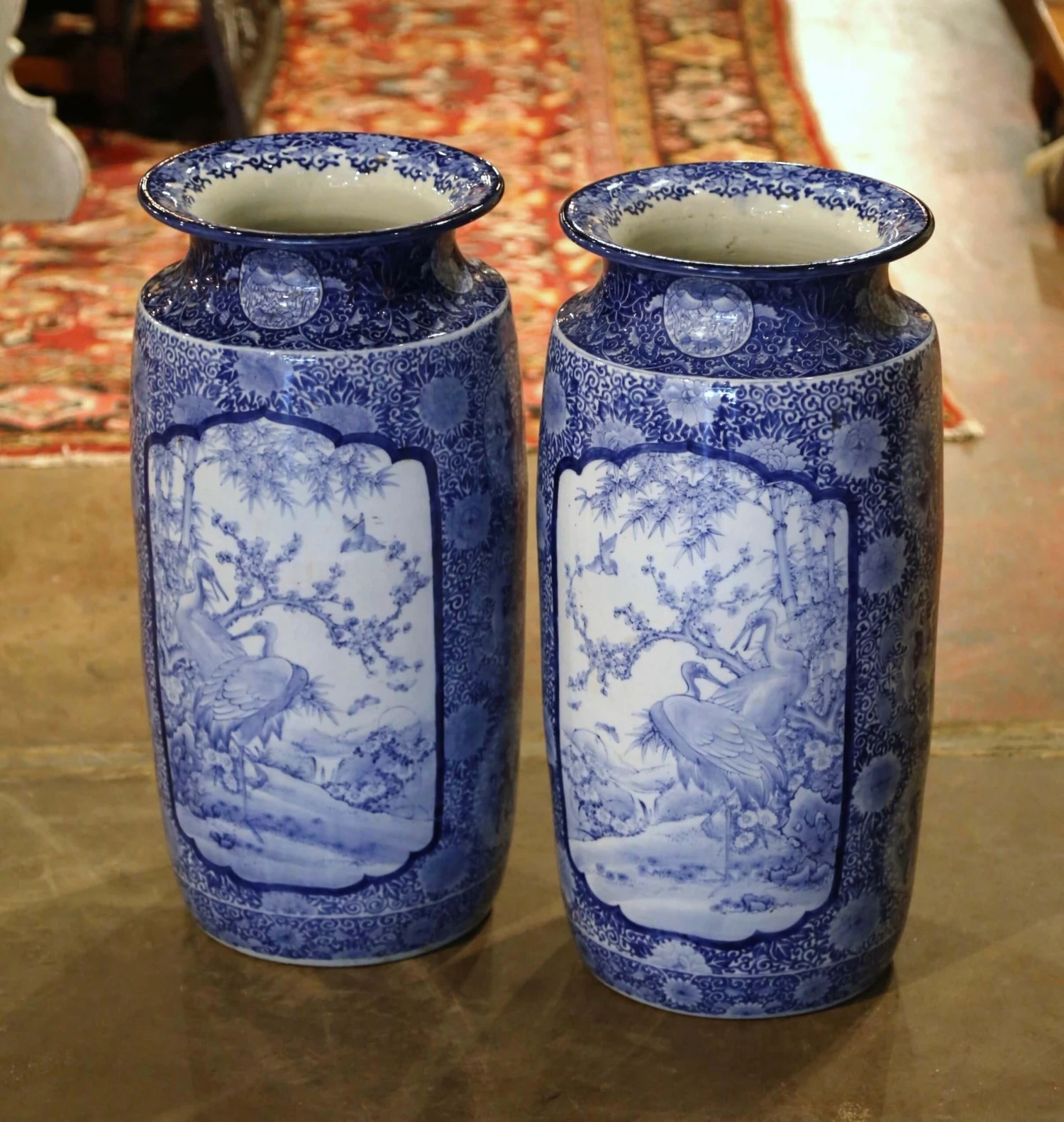 Pair Of Vintage Hand Painted Blue And White Porcelain Vases Umbrella Stands 2 Pair Of Vintage Hand Painted Blue And White Porcelain Vases Umbrella Stands - Image 2