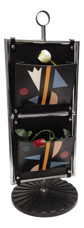 Postmodern Leather And Chrome-Plated Metal Magazine Rack From Salmistraro, Italy, 1980s 1 Postmodern Leather And Chrome-Plated Metal Magazine Rack From Salmistraro, Italy, 1980s