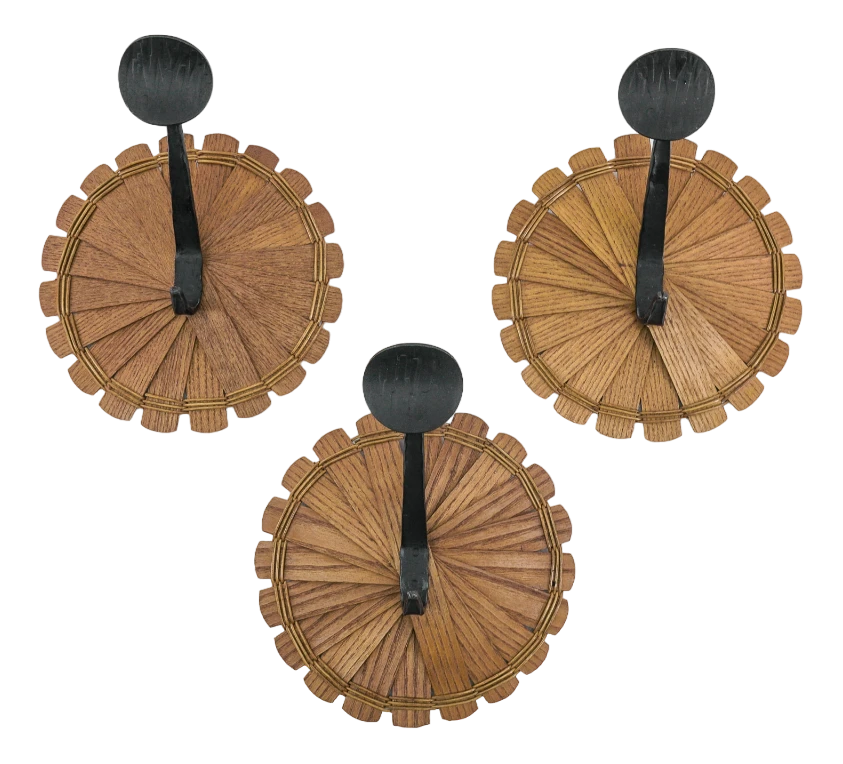 Scandinavian Coat Hooks In Wood, Wicker & Iron, 1960s, Set Of 3 1 Scandinavian Coat Hooks In Wood, Wicker & Iron, 1960s, Set Of 3