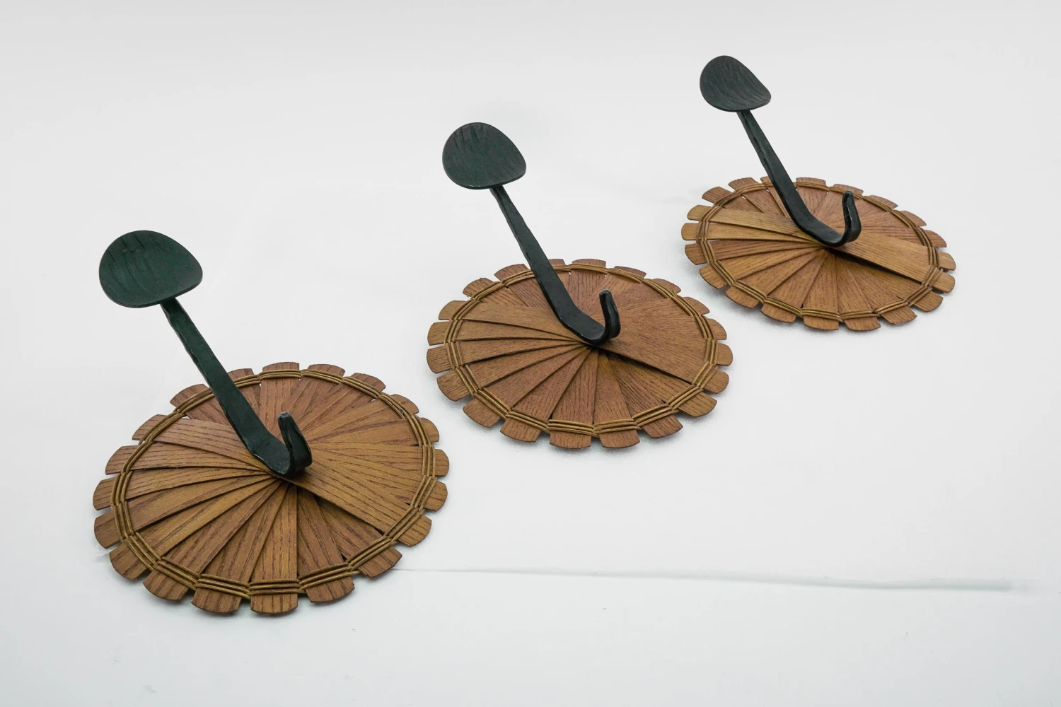 Scandinavian Coat Hooks In Wood, Wicker & Iron, 1960s, Set Of 3 2 Scandinavian Coat Hooks In Wood, Wicker & Iron, 1960s, Set Of 3 - Image 2