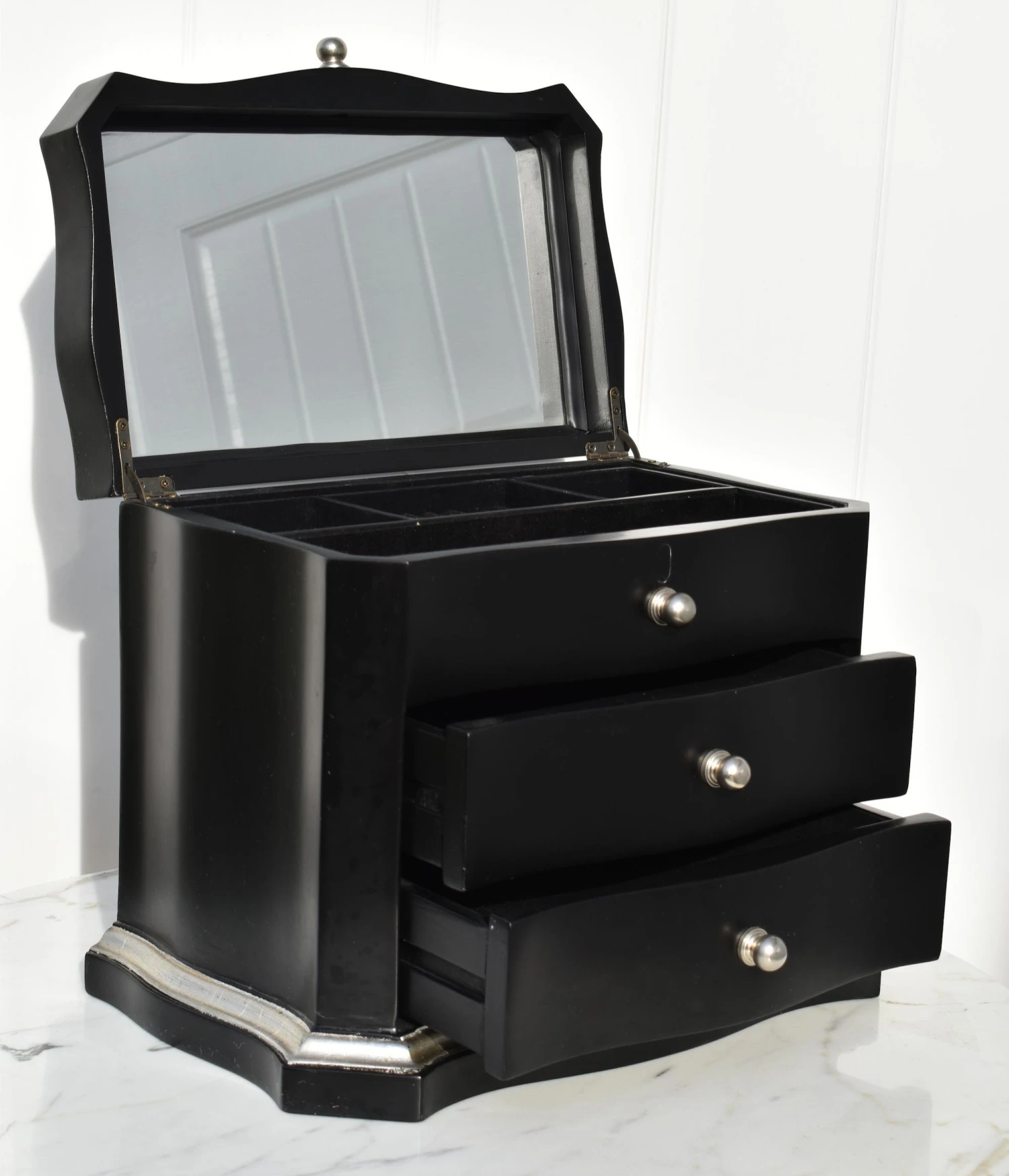 Transitional Two Drawer Table Top Jewelry Box In Black & Silver Finish W/Fitted Interior 4 Transitional Two Drawer Table Top Jewelry Box In Black & Silver Finish W/Fitted Interior - Image 4