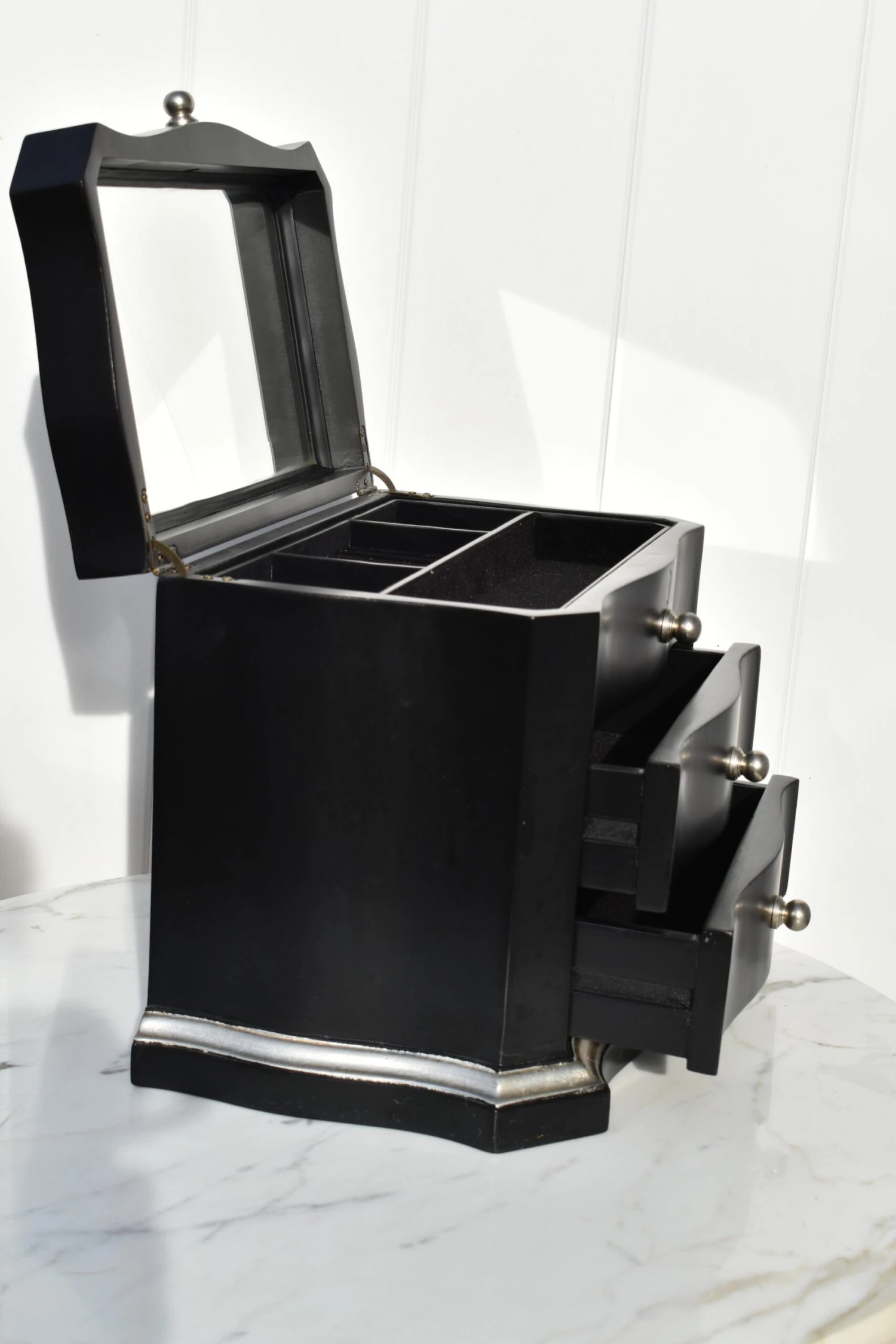 Transitional Two Drawer Table Top Jewelry Box In Black & Silver Finish W/Fitted Interior 6 Transitional Two Drawer Table Top Jewelry Box In Black & Silver Finish W/Fitted Interior - Image 6