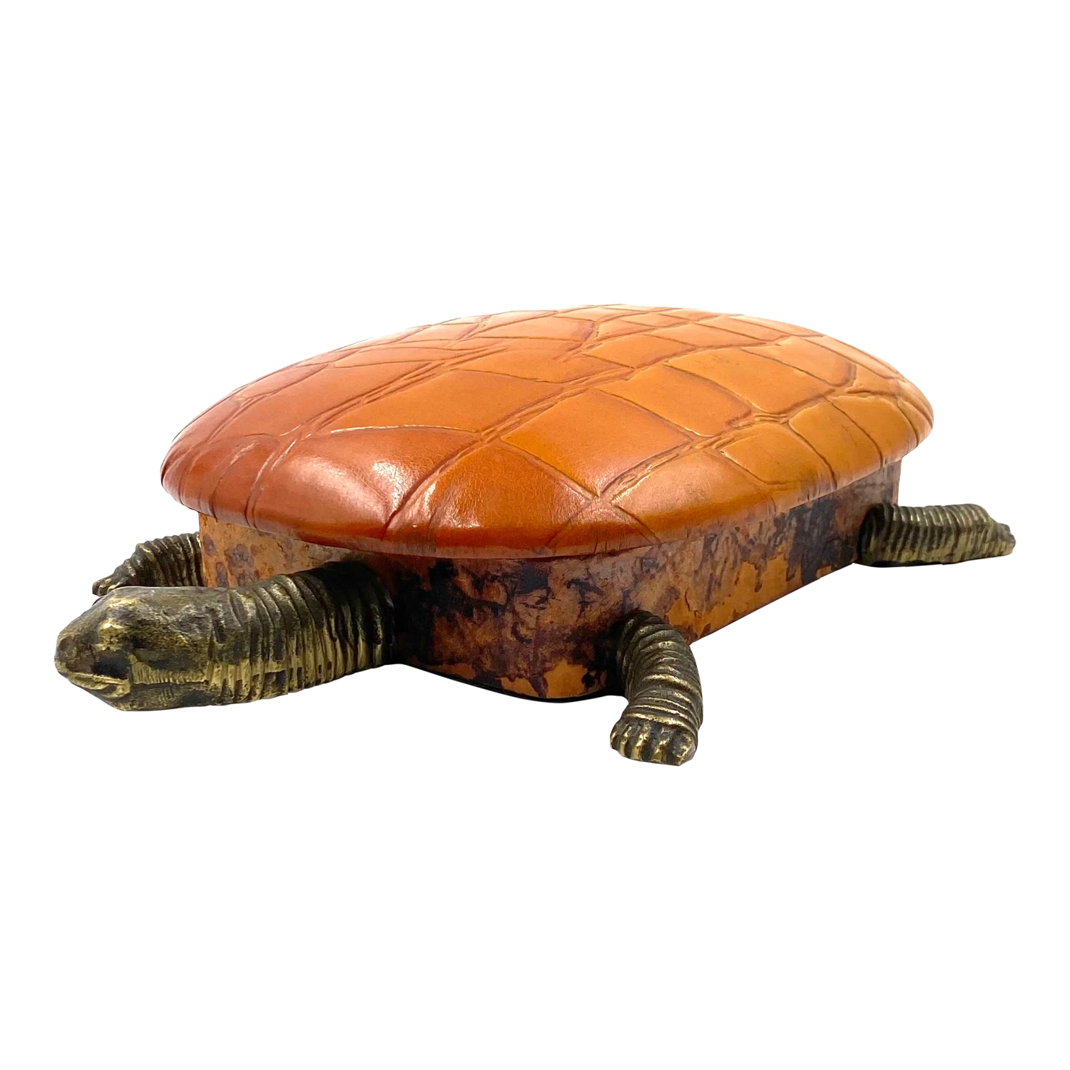 Turtle Shaped Leather And Bronze Jewelry Box, France 1950s 1 Turtle Shaped Leather And Bronze Jewelry Box, France 1950s