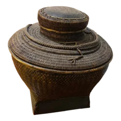 Vintage 19th Century Asian Woven Rattan Bamboo Storage Basket W/Lid