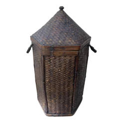 Vintage Asian Woven Rattan/Bamboo Hexagon Lidded Basket