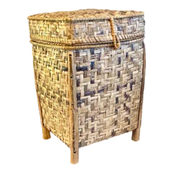 Vintage Bamboo Rattan Footed Large Lidded Basket