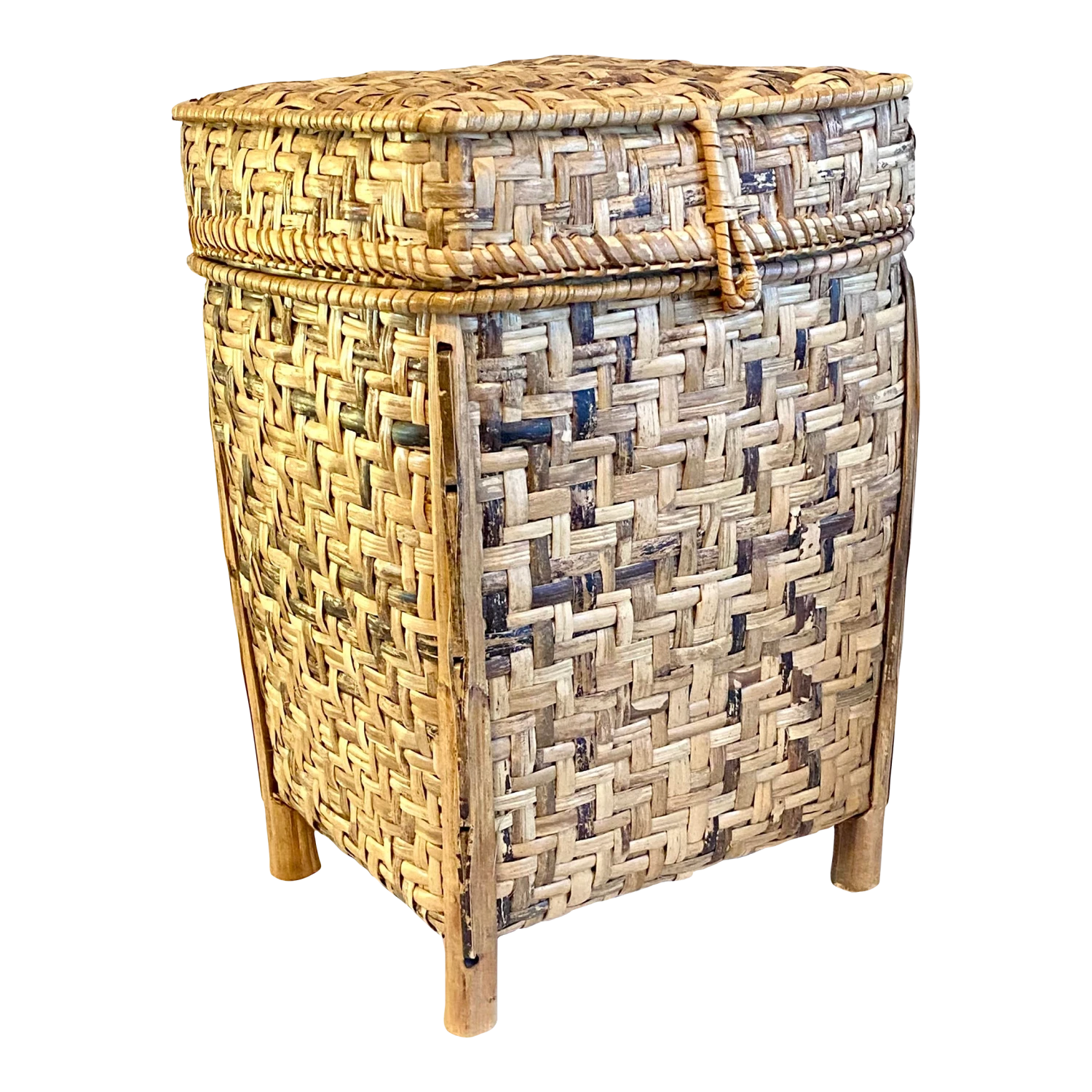 Vintage Bamboo Rattan Footed Large Lidded Basket 1 Vintage Bamboo Rattan Footed Large Lidded Basket