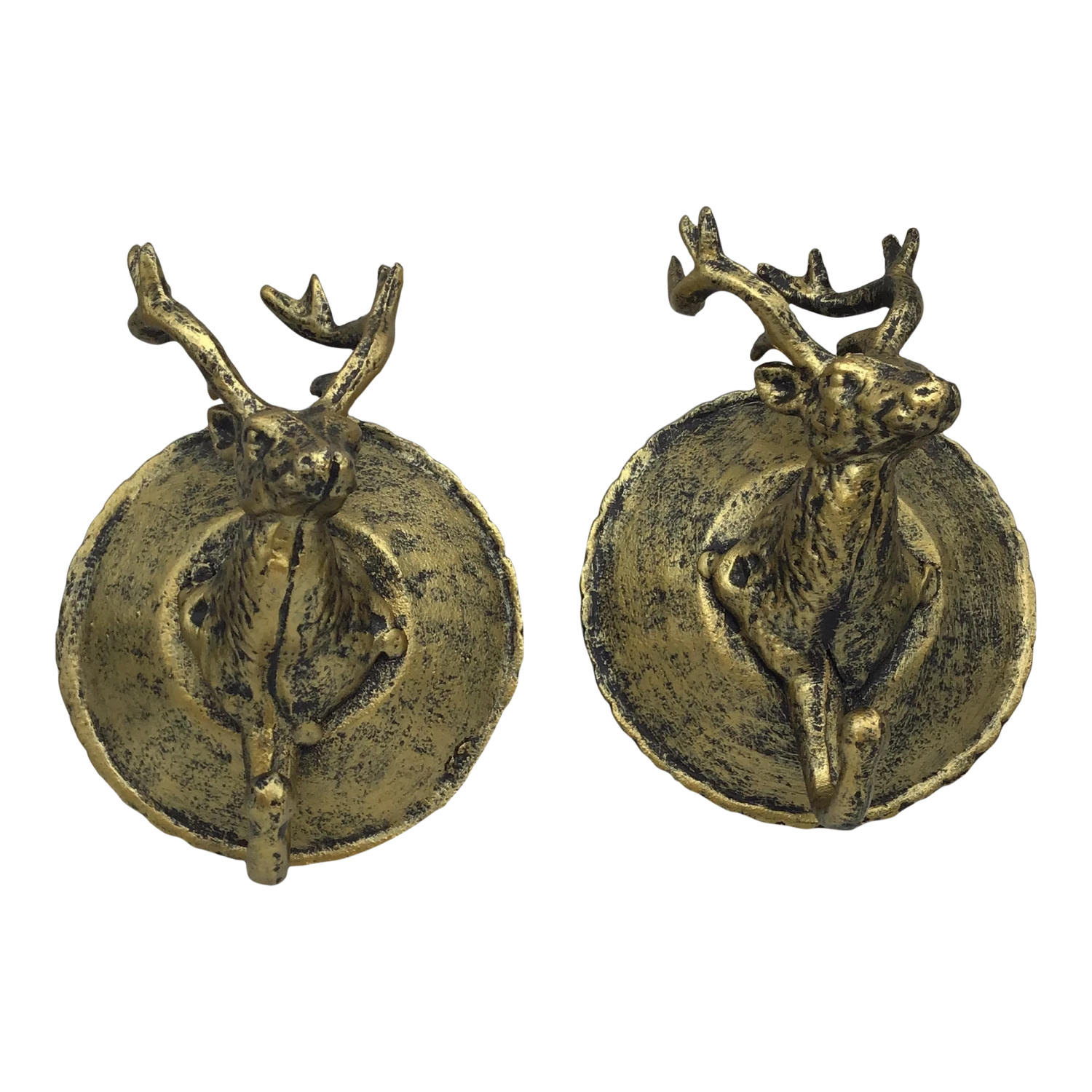 Vintage Brass Deer Head Wall Hooks - Set Of 2 1 Vintage Brass Deer Head Wall Hooks - Set Of 2
