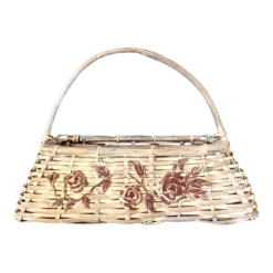 Vintage C1960s Large Whitewashed Graduated Oblong Gathering Basket With Handle And Floral Appliques