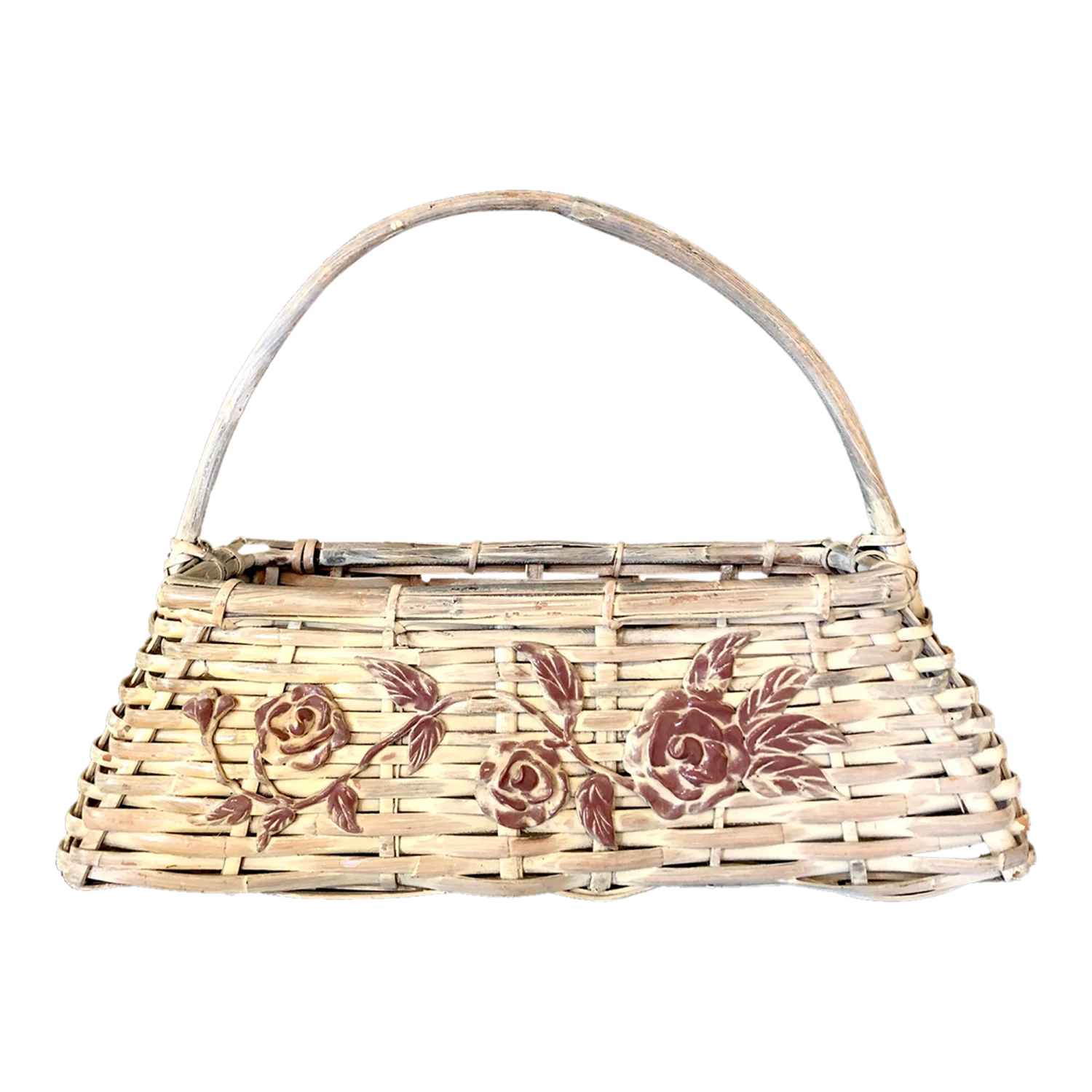 Vintage C1960s Large Whitewashed Graduated Oblong Gathering Basket With Handle And Floral Appliques 1 Vintage C1960s Large Whitewashed Graduated Oblong Gathering Basket With Handle And Floral Appliques