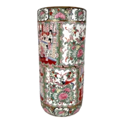 Vintage Chinese Rose Medallion Porcelain Umbrella Stand With Gilt Work, Signed