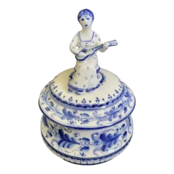Vintage Gzhel Porcelain Lidded Trinket Box With Woman Play Guitar Finial