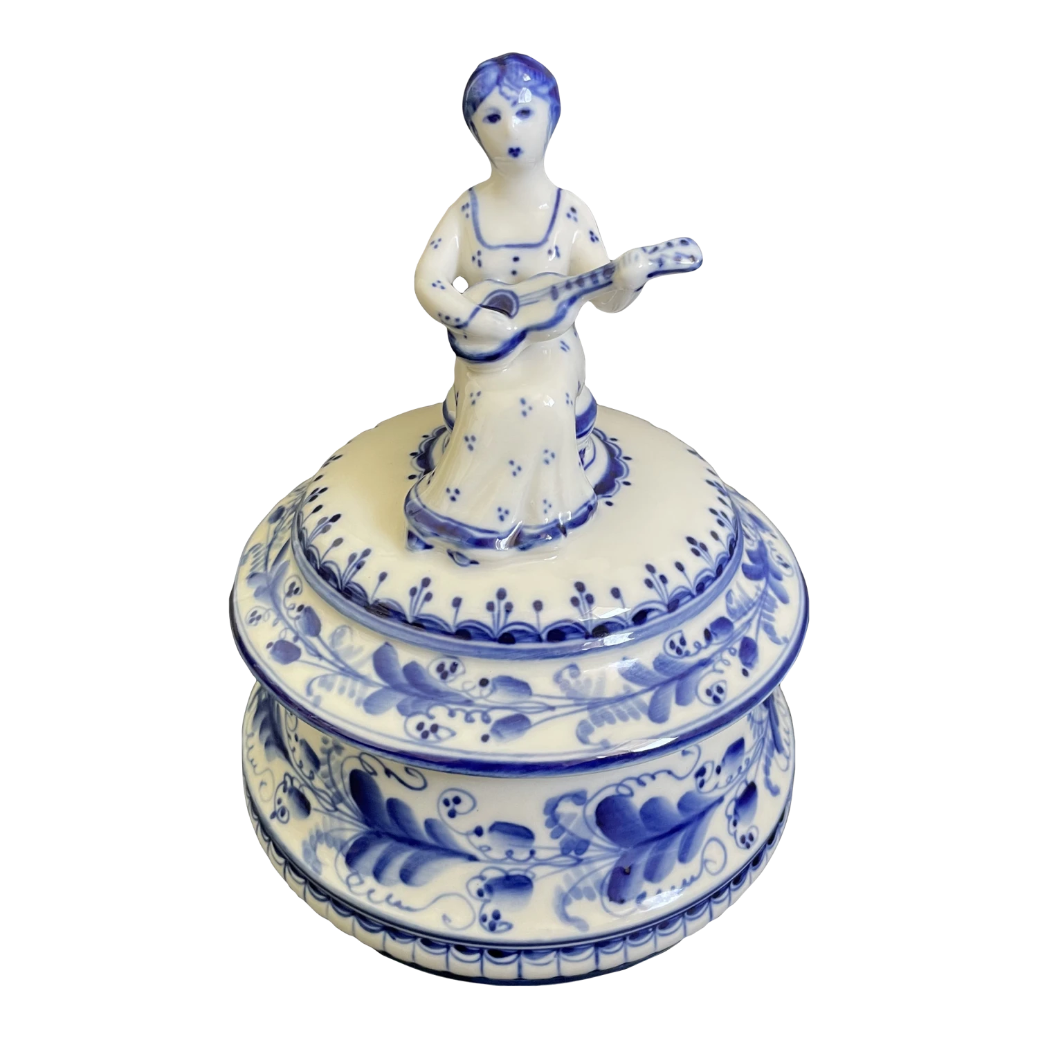 Vintage Gzhel Porcelain Lidded Trinket Box With Woman Play Guitar Finial 1 Vintage Gzhel Porcelain Lidded Trinket Box With Woman Play Guitar Finial
