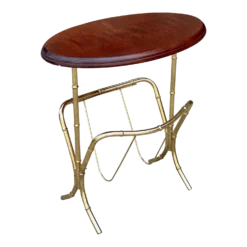 Vintage Hollywood Regency Boho Brass Rattan Magazine Rack Side Table