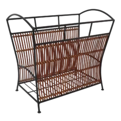 Vintage Mid Century Wrought Iron Woven Bamboo & Wicker Magazine Rack