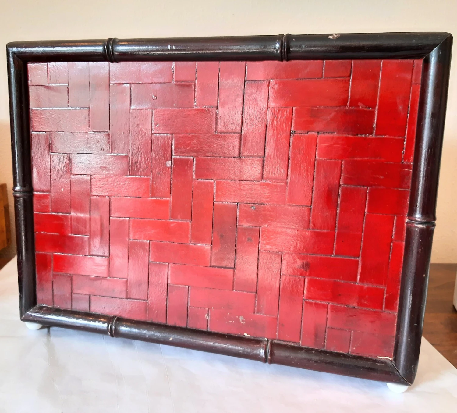 Vintage Red Lacquer Wood Bamboo Handled Magazine Holder 4 Vintage Red Lacquer Wood Bamboo Handled Magazine Holder - Image 4