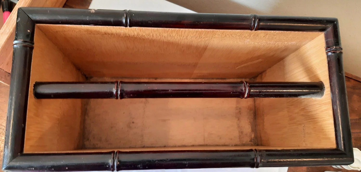 Vintage Red Lacquer Wood Bamboo Handled Magazine Holder 3 Vintage Red Lacquer Wood Bamboo Handled Magazine Holder - Image 3