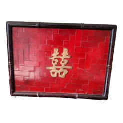 Vintage Red Lacquer Wood Bamboo Handled Magazine Holder