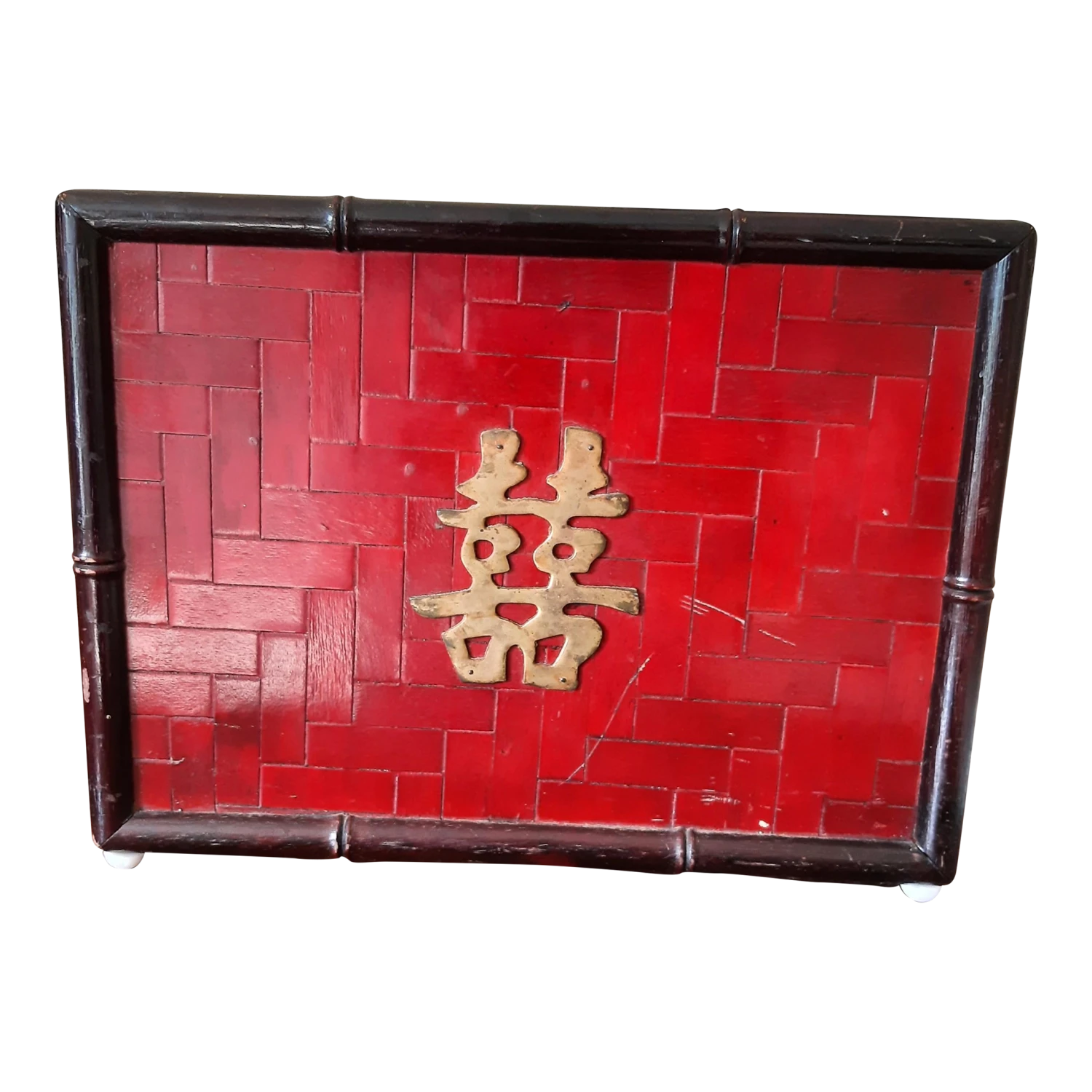 Vintage Red Lacquer Wood Bamboo Handled Magazine Holder 1 Vintage Red Lacquer Wood Bamboo Handled Magazine Holder