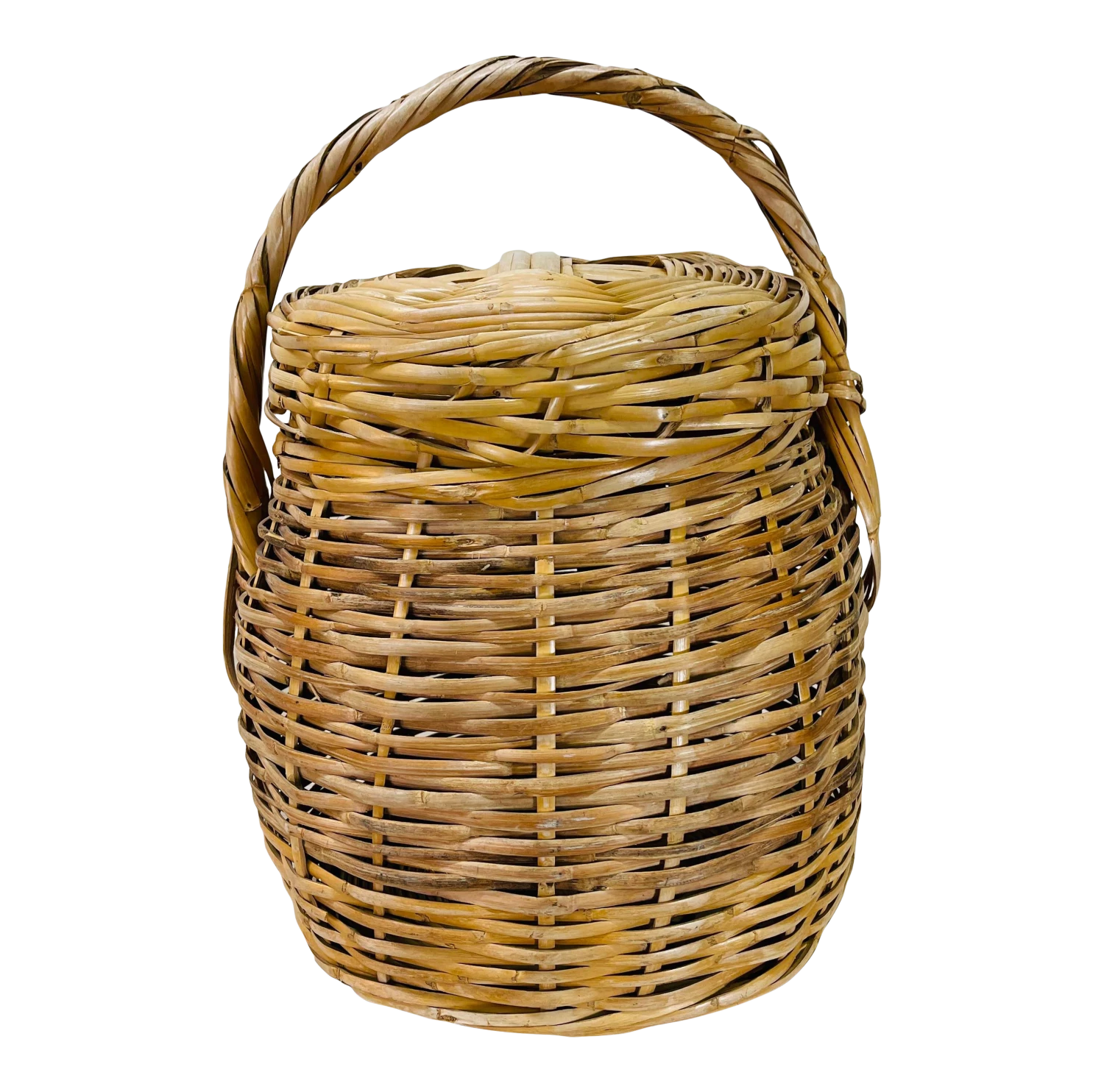 Vintage Round Covered Wicker Basket With Handles 1 Vintage Round Covered Wicker Basket With Handles