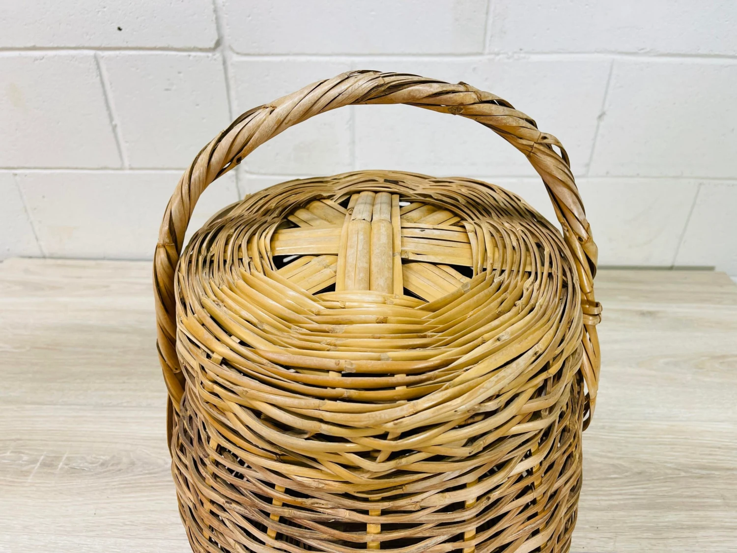 Vintage Round Covered Wicker Basket With Handles 3 Vintage Round Covered Wicker Basket With Handles - Image 3