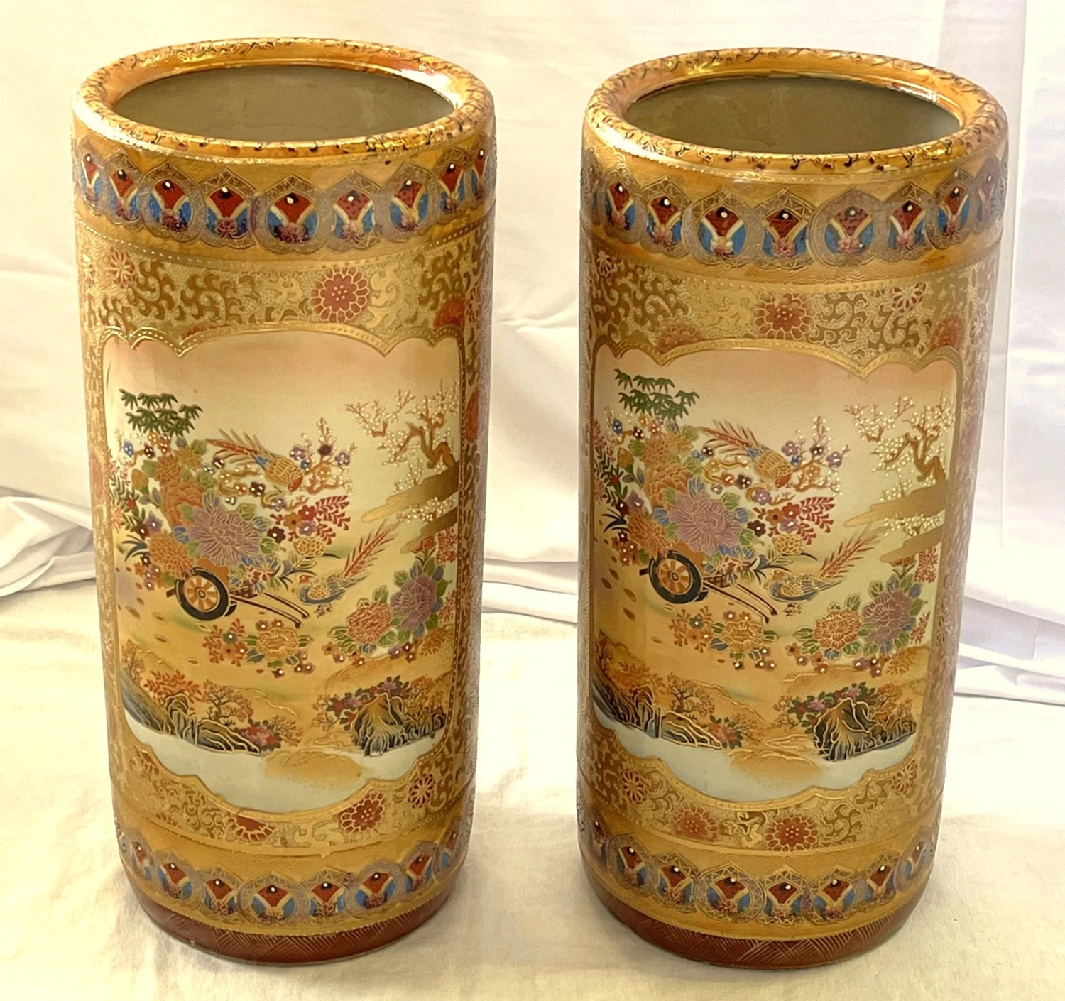 Vintage 'Satsum' Ceramic Chinoiserie Style Tall Vases/ Umbrella Stands- A Pair 2 Vintage 'Satsum' Ceramic Chinoiserie Style Tall Vases/ Umbrella Stands- A Pair - Image 2