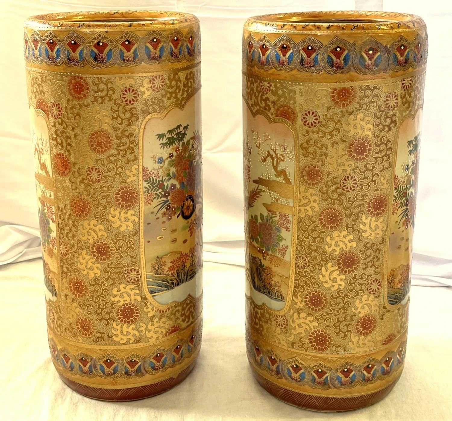 Vintage 'Satsum' Ceramic Chinoiserie Style Tall Vases/ Umbrella Stands- A Pair 4 Vintage 'Satsum' Ceramic Chinoiserie Style Tall Vases/ Umbrella Stands- A Pair - Image 4