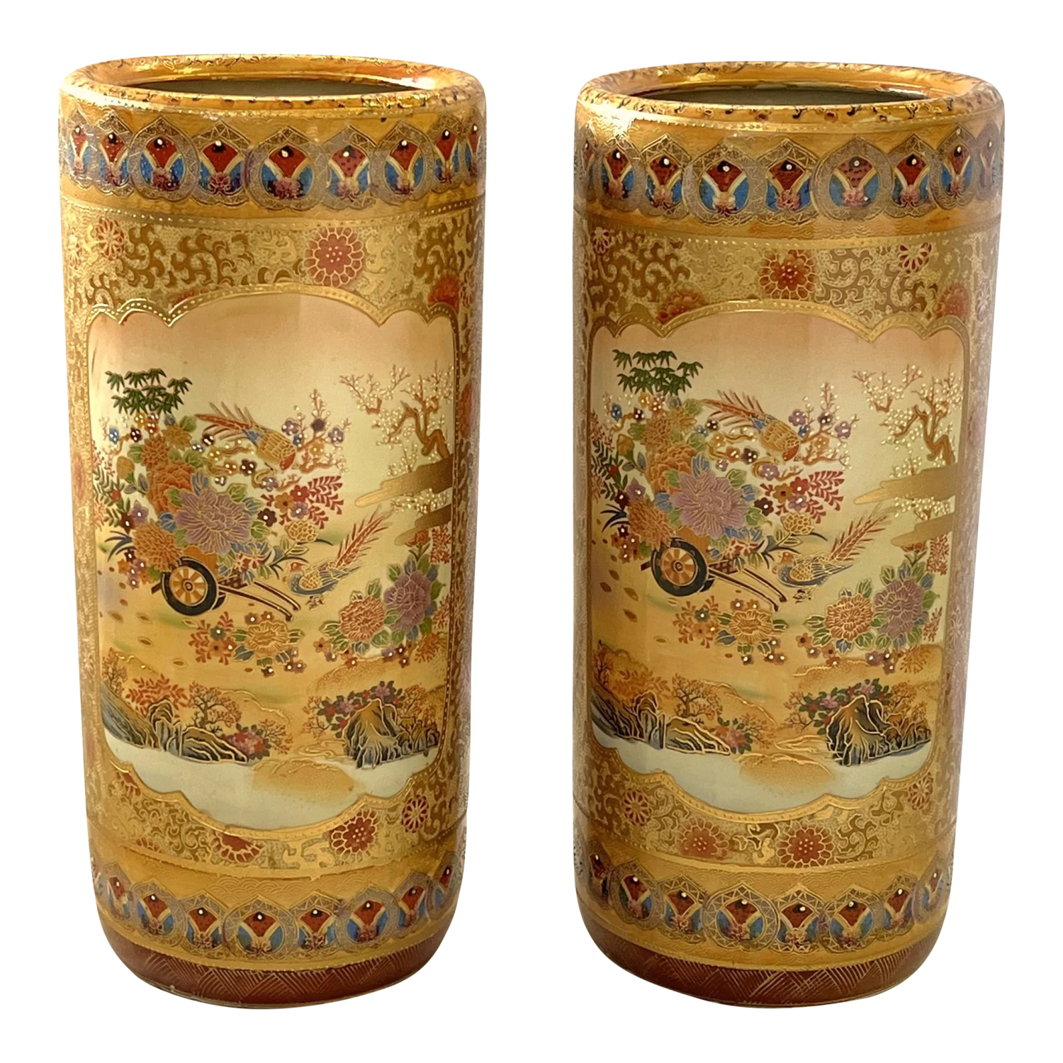 Vintage 'Satsum' Ceramic Chinoiserie Style Tall Vases/ Umbrella Stands- A Pair 1 Vintage 'Satsum' Ceramic Chinoiserie Style Tall Vases/ Umbrella Stands- A Pair