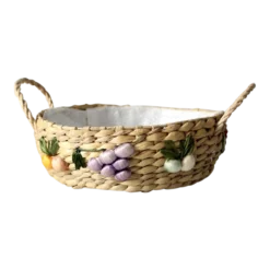 Vintage Straw Basket With Raffia Flowers