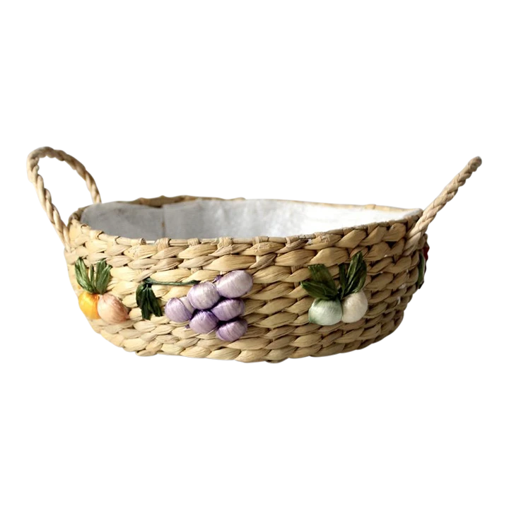 Vintage Straw Basket With Raffia Flowers 1 Vintage Straw Basket With Raffia Flowers