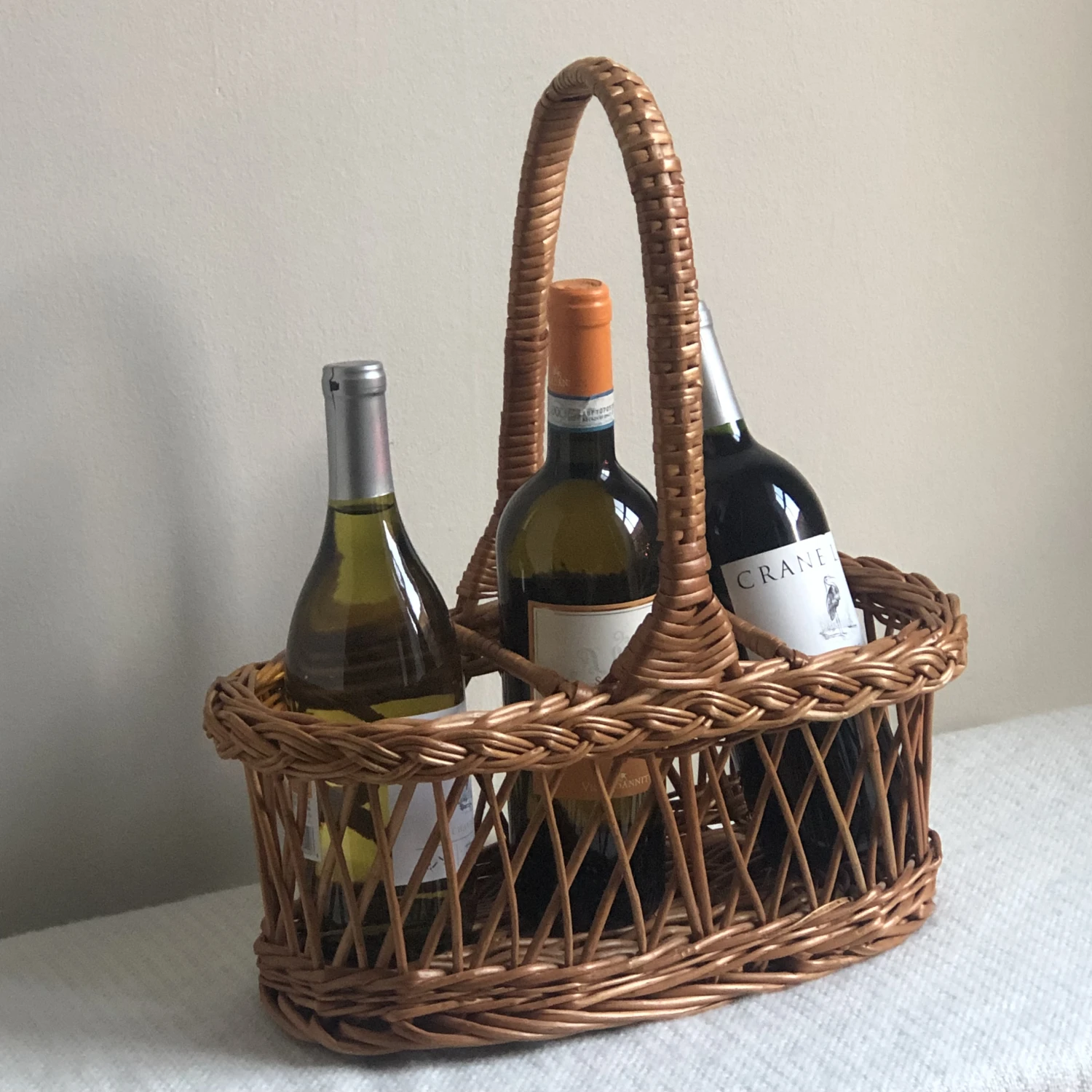 Vintage Three Bottle Wicker Wine Carrier 3 Vintage Three Bottle Wicker Wine Carrier - Image 3