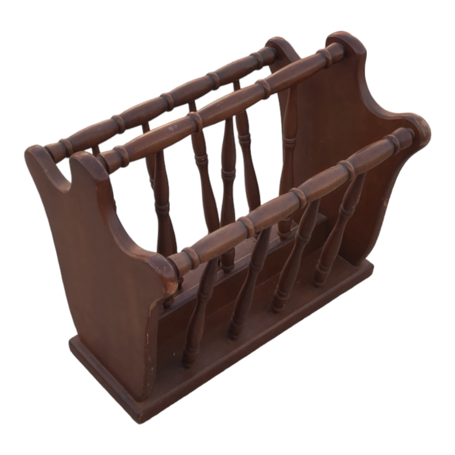 Vintage Turned Wood Colonial Style Espresso Stained Magazine Rack With Center Handle 9 Vintage Turned Wood Colonial Style Espresso Stained Magazine Rack With Center Handle - Image 9