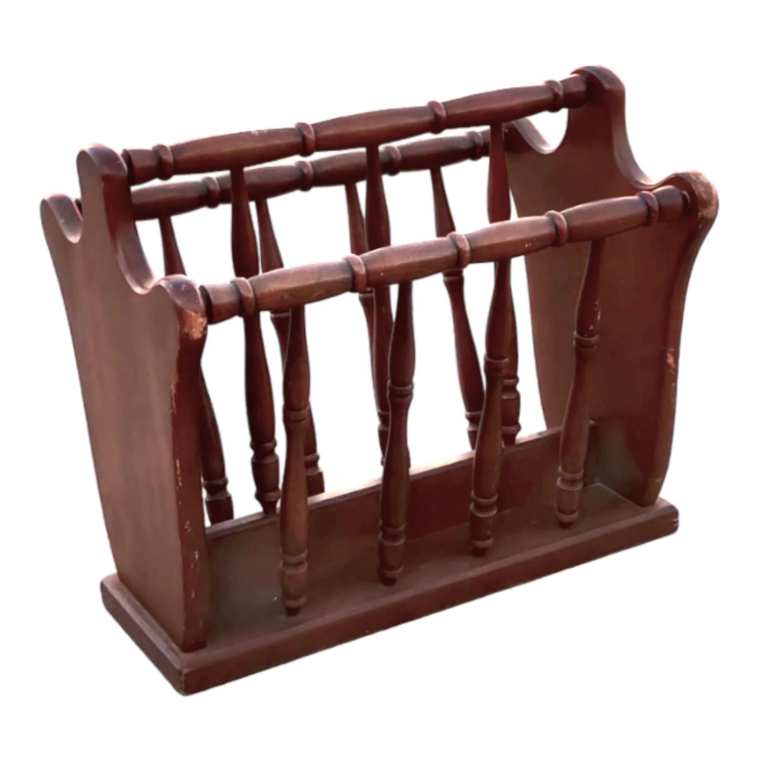Vintage Turned Wood Colonial Style Espresso Stained Magazine Rack With Center Handle 2 Vintage Turned Wood Colonial Style Espresso Stained Magazine Rack With Center Handle - Image 2