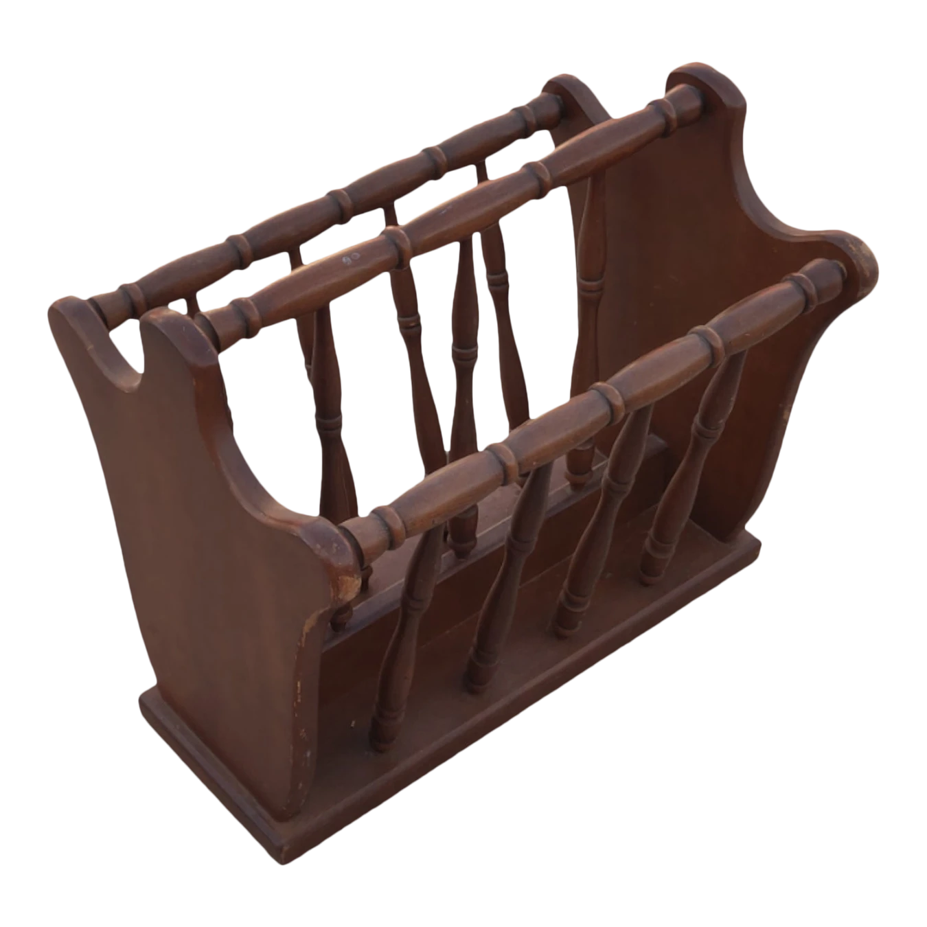 Vintage Turned Wood Colonial Style Espresso Stained Magazine Rack With Center Handle 1 Vintage Turned Wood Colonial Style Espresso Stained Magazine Rack With Center Handle