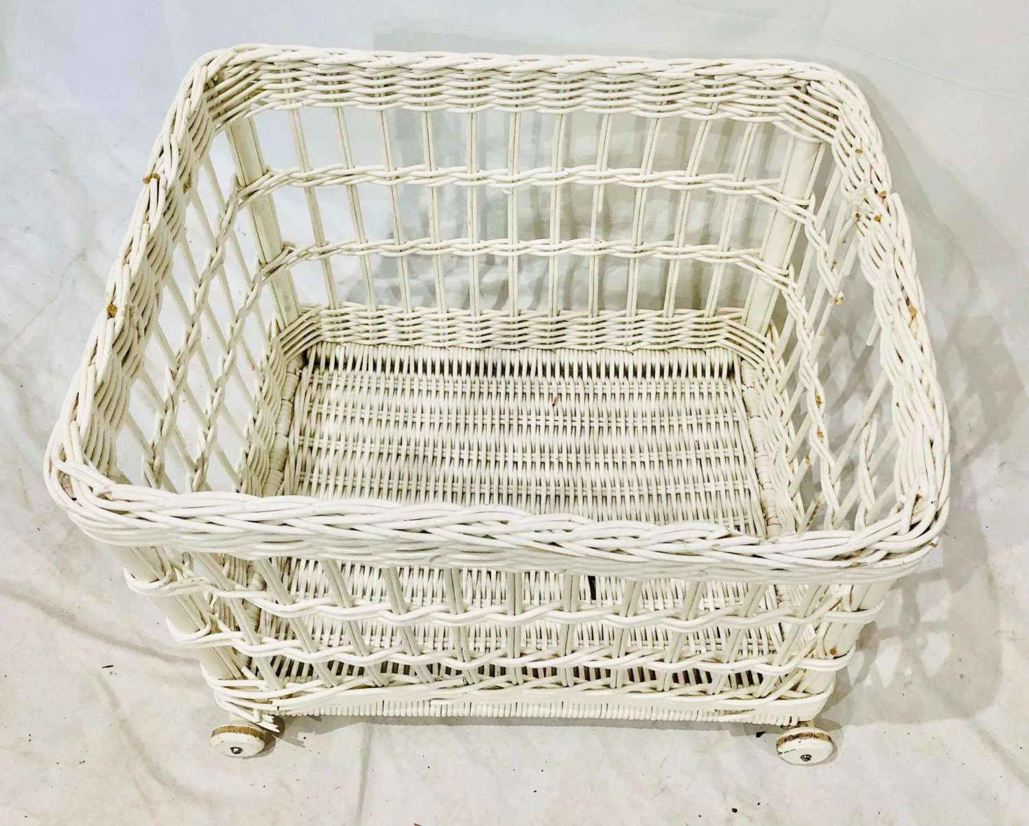 Vintage White Woven Wicker Storage Basket Cart 6 Vintage White Woven Wicker Storage Basket Cart - Image 6
