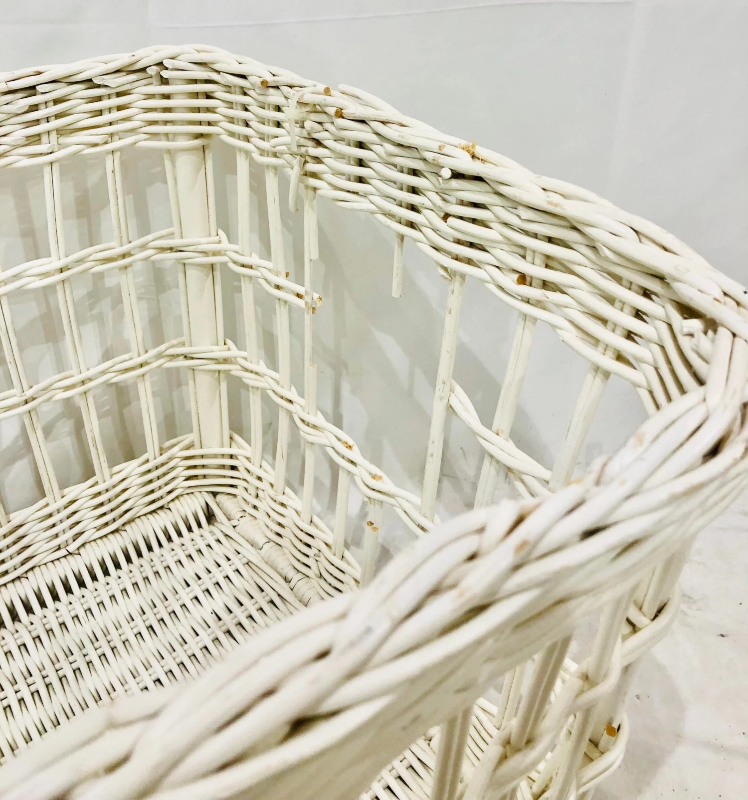 Vintage White Woven Wicker Storage Basket Cart 5 Vintage White Woven Wicker Storage Basket Cart - Image 5