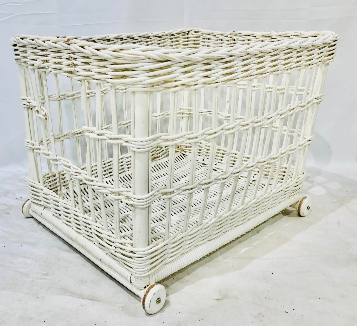 Vintage White Woven Wicker Storage Basket Cart 8 Vintage White Woven Wicker Storage Basket Cart - Image 8