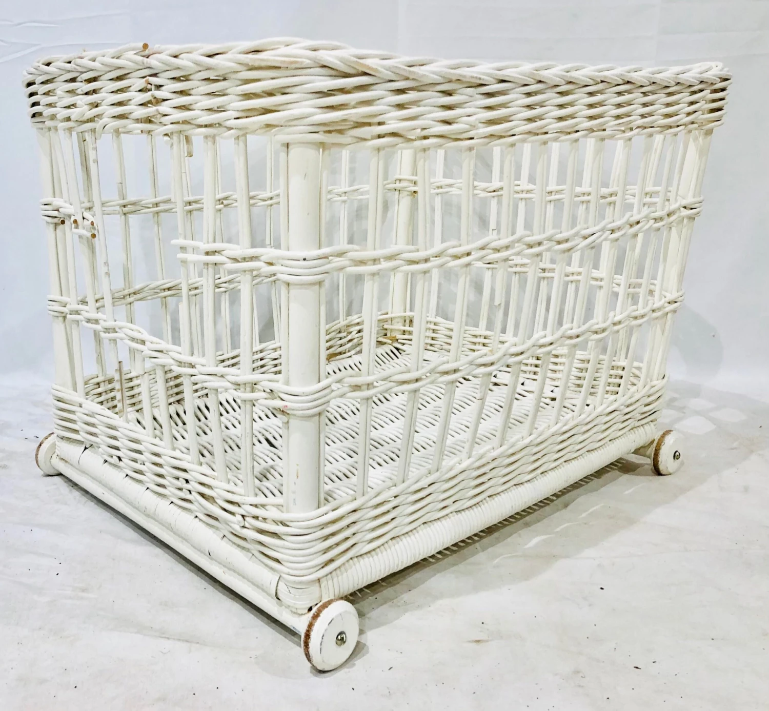 Vintage White Woven Wicker Storage Basket Cart 2 Vintage White Woven Wicker Storage Basket Cart - Image 2