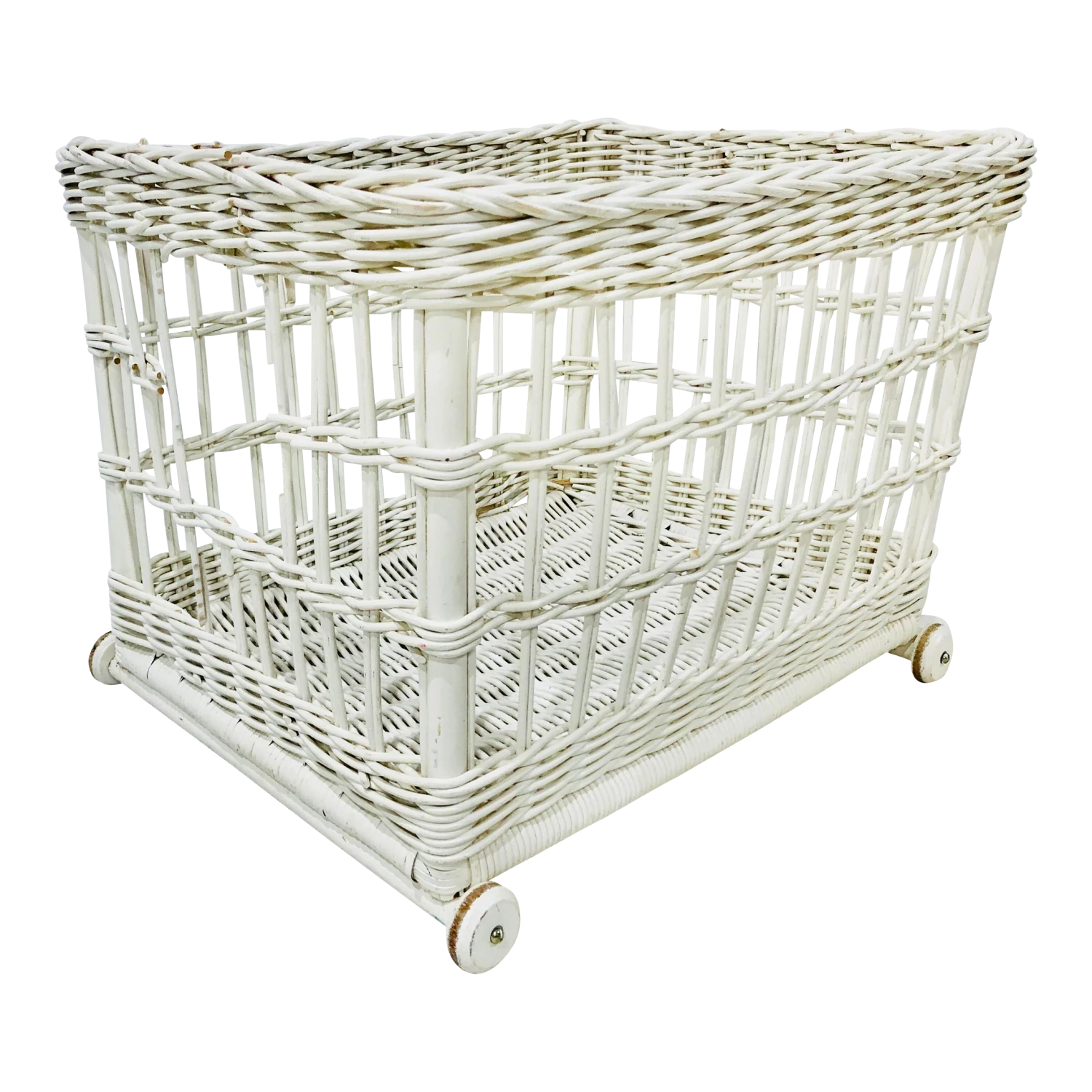 Vintage White Woven Wicker Storage Basket Cart 1 Vintage White Woven Wicker Storage Basket Cart