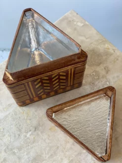 Vintage Wood Parquetry Lidded Box With Silver Foil Interior, Circa 1960s -Chairish Shop vintage wood parquetry lidded box with silver foil interior circa 1960s 6913 scaled